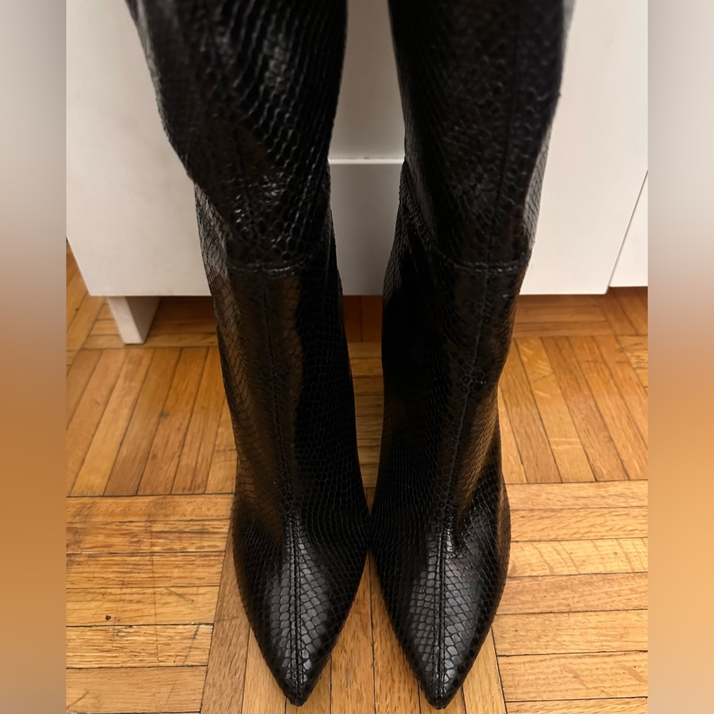 Zara Black Textured Knee-High Block Heel Boots - Picture 14 of 16